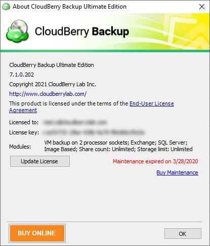 cloudberry server maintenance expired